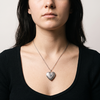 Heart photo locket worn, front view