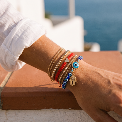 Boho evil eye bracelet set worn, front view