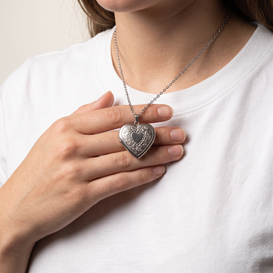 Heart photo locket held, second angle