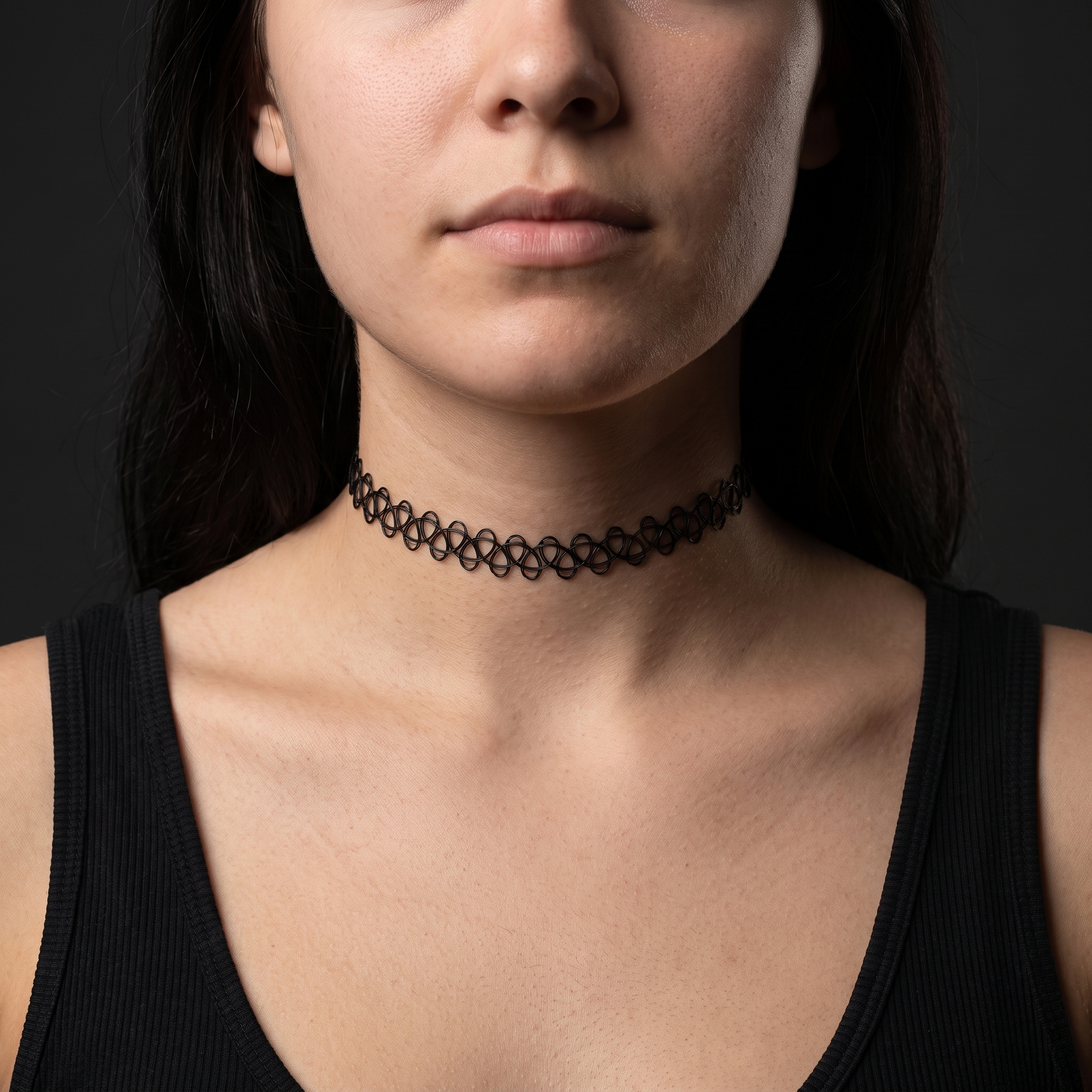 Stretch tattoo choker worn, front view