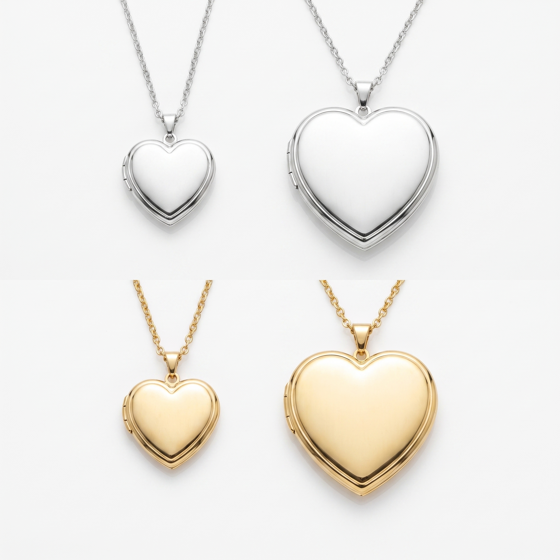 Heart locket shown in silver and gold, small and large