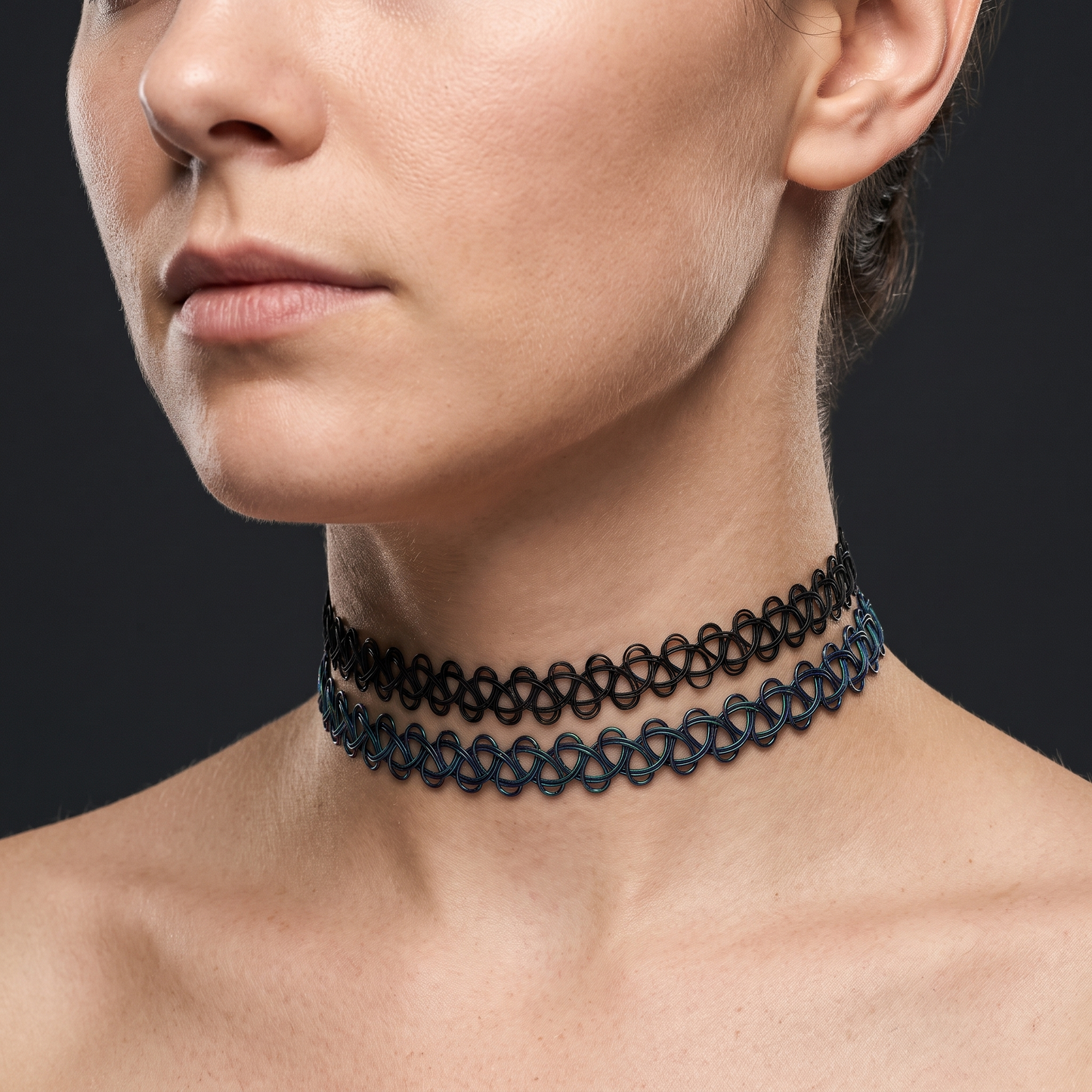 Stretch tattoo choker worn, second angle