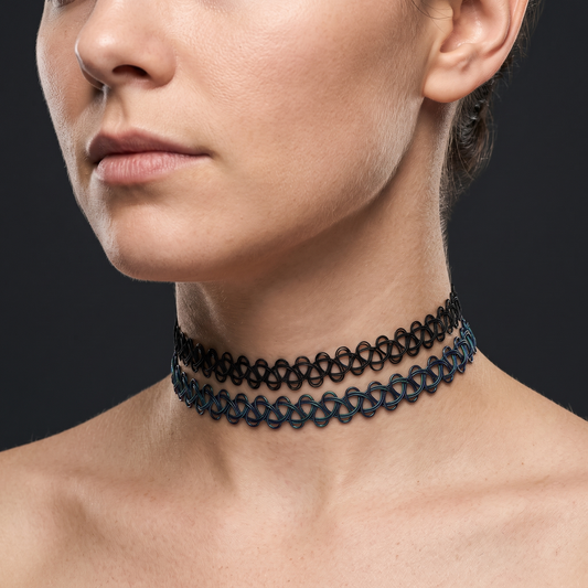 Stretch tattoo choker worn, second angle