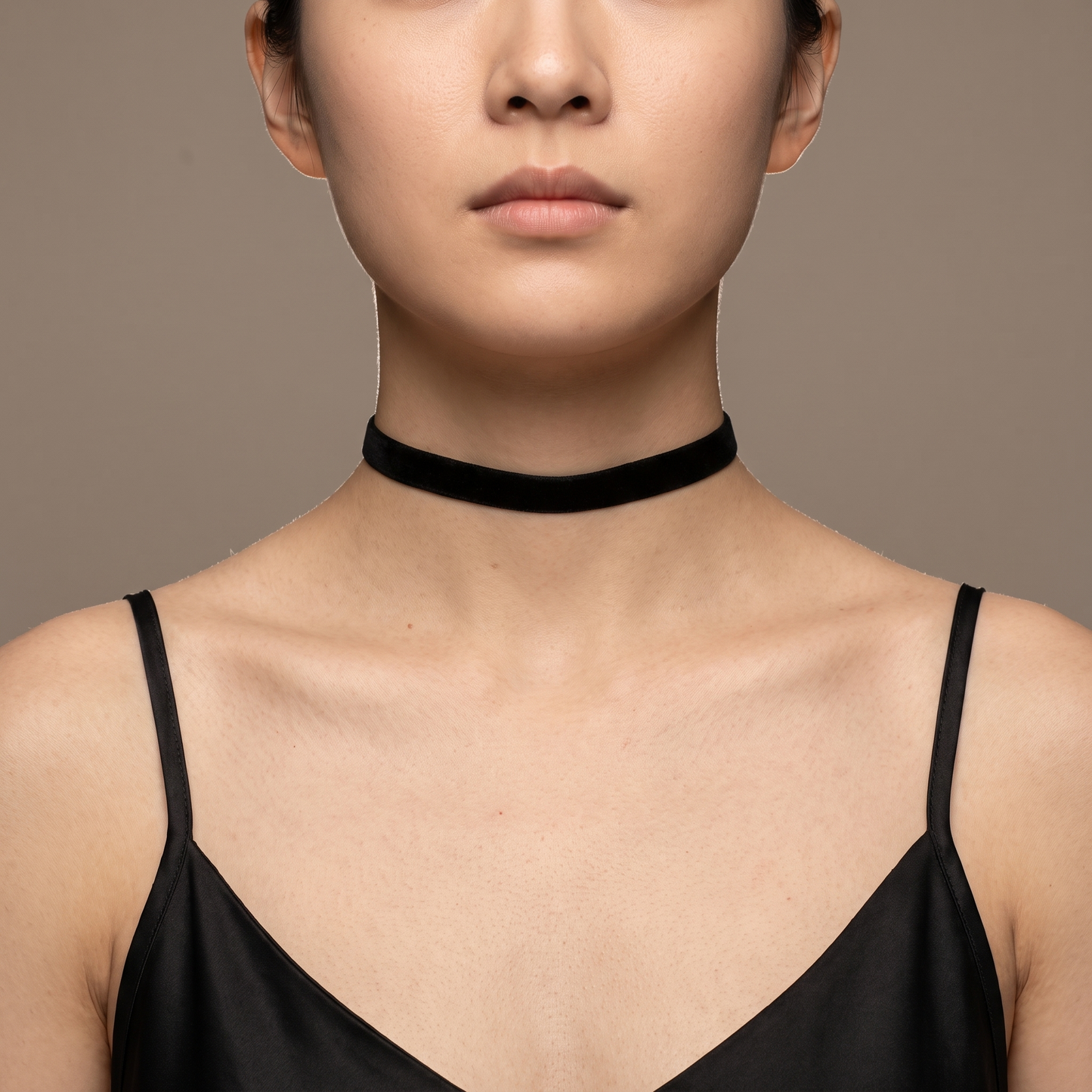 Black velvet choker worn, front view