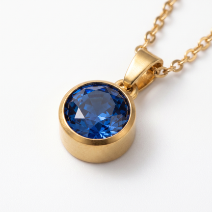 Close-up of bezel-set birthstone