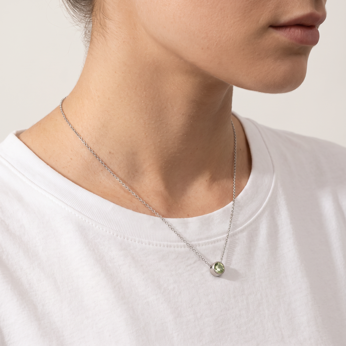 Birthstone pendant necklace worn, second angle