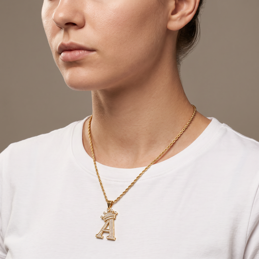 Crown alphabet pendant worn, second angle