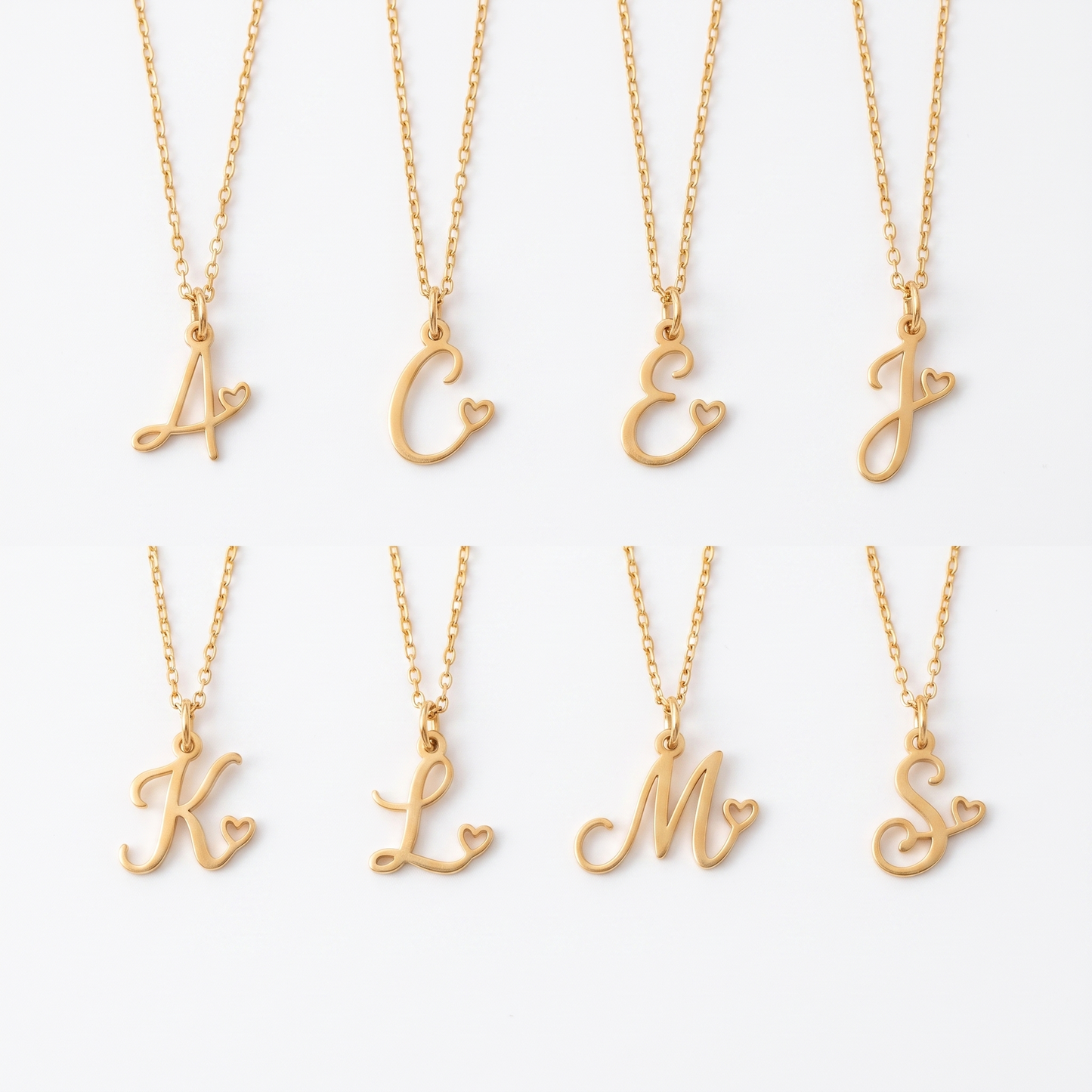 Heart initial necklace shown in eight letters