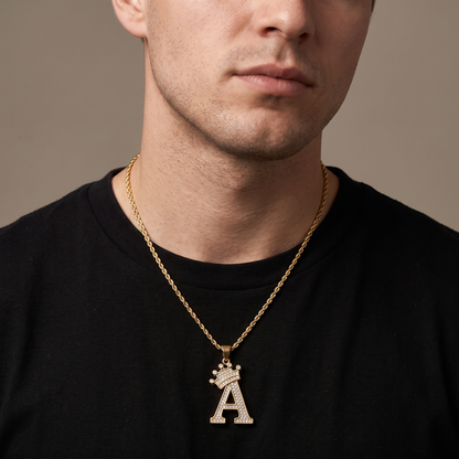 Crown alphabet pendant worn, front view