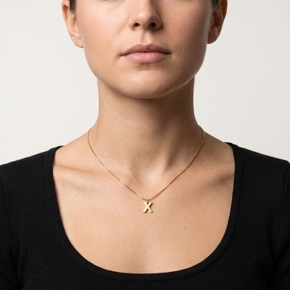 A-Z initial necklace worn, front view