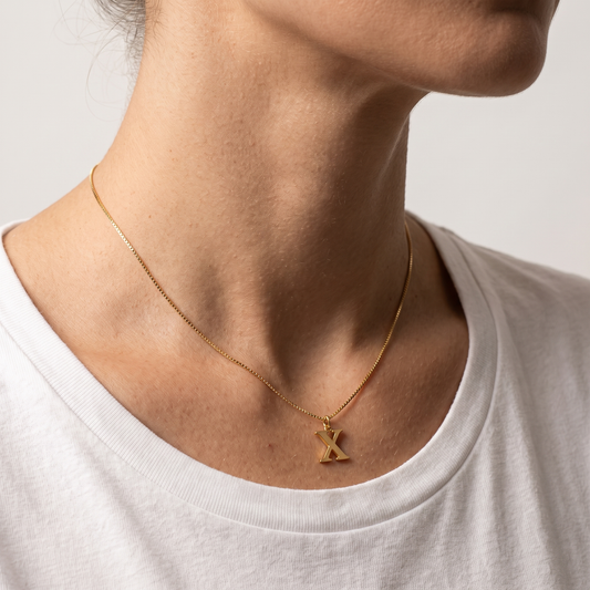 A-Z initial necklace worn, second angle