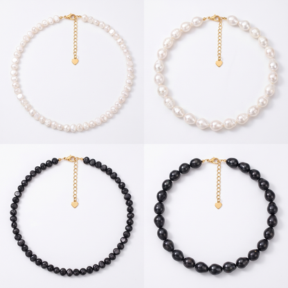 Pearl choker shown in white and black, two sizes