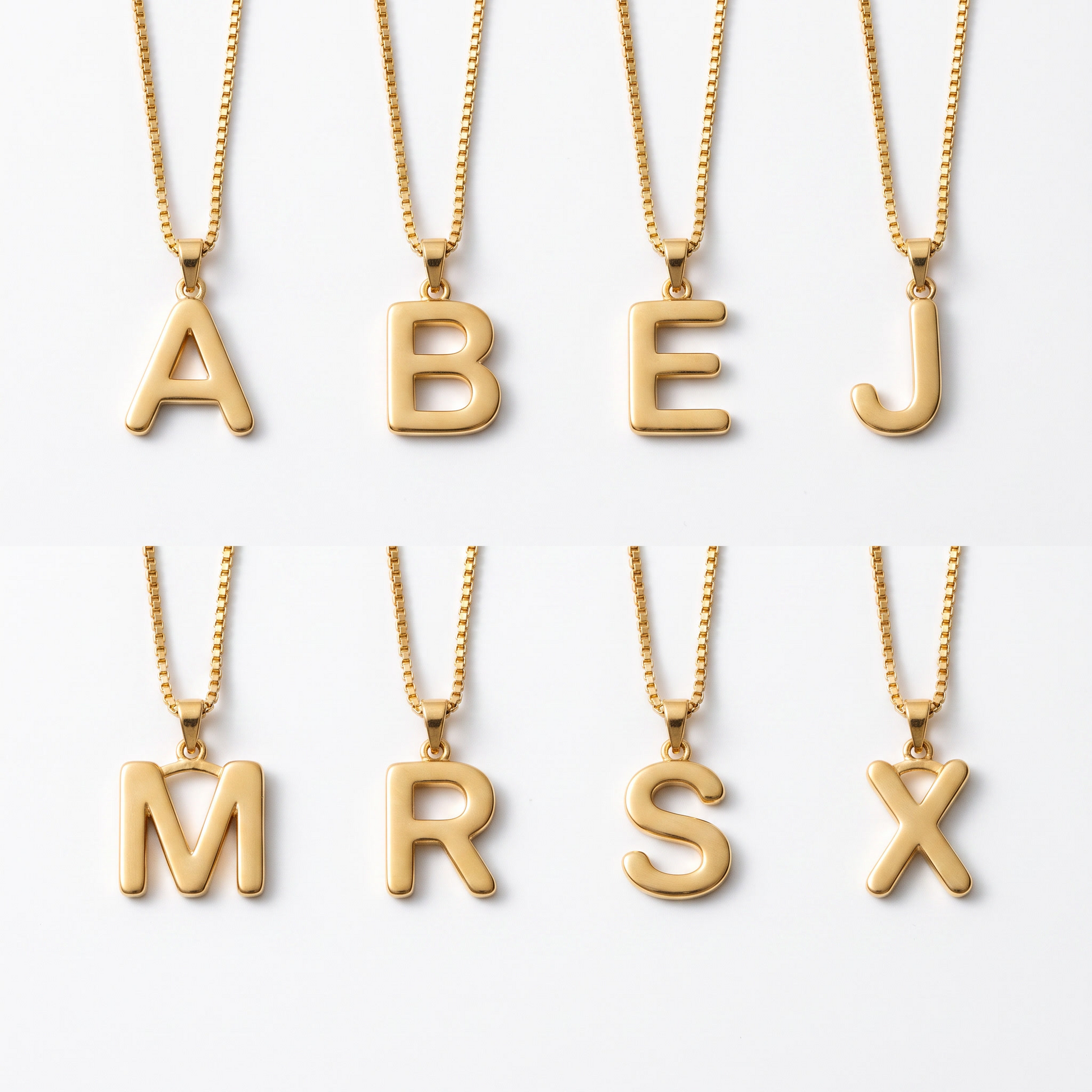 Initial necklace shown in eight letters