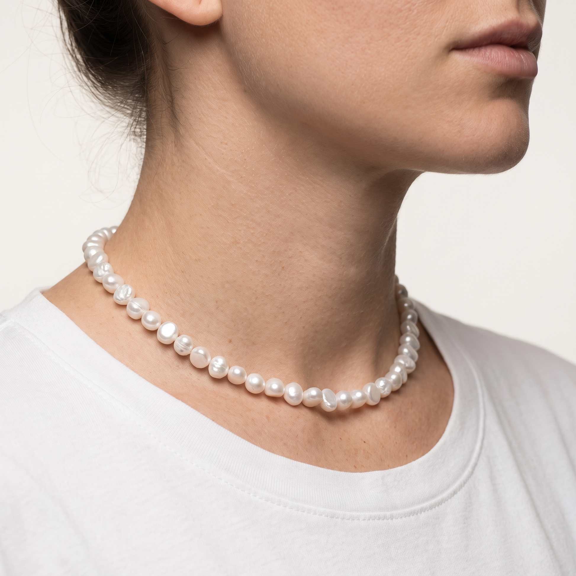 Baroque pearl choker worn, second angle