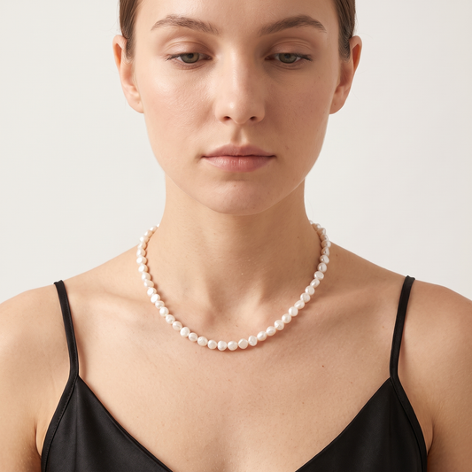 Baroque pearl choker worn, front view
