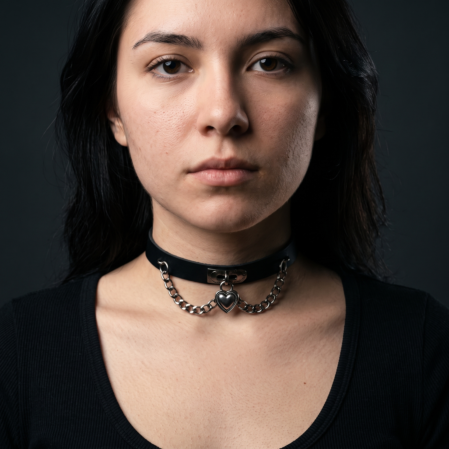 Gothic leather heart choker worn, front view