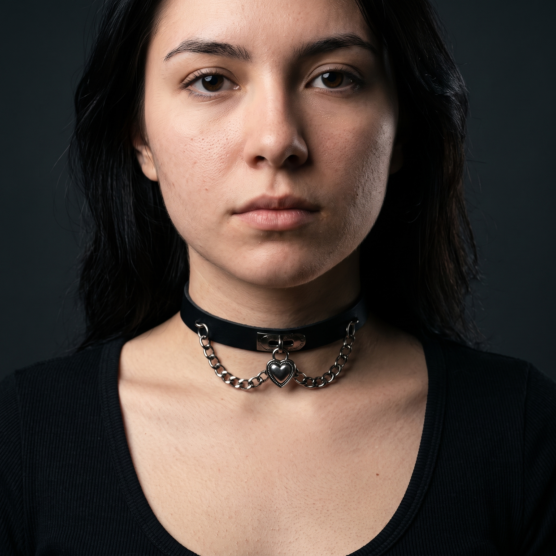 Gothic leather heart choker worn, front view