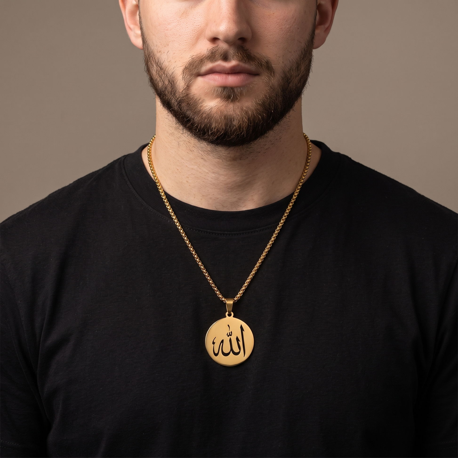 Allah pendant necklace worn, front view