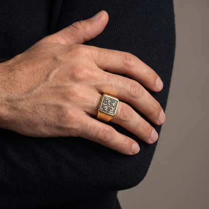 Arabic calligraphy signet ring worn, front view