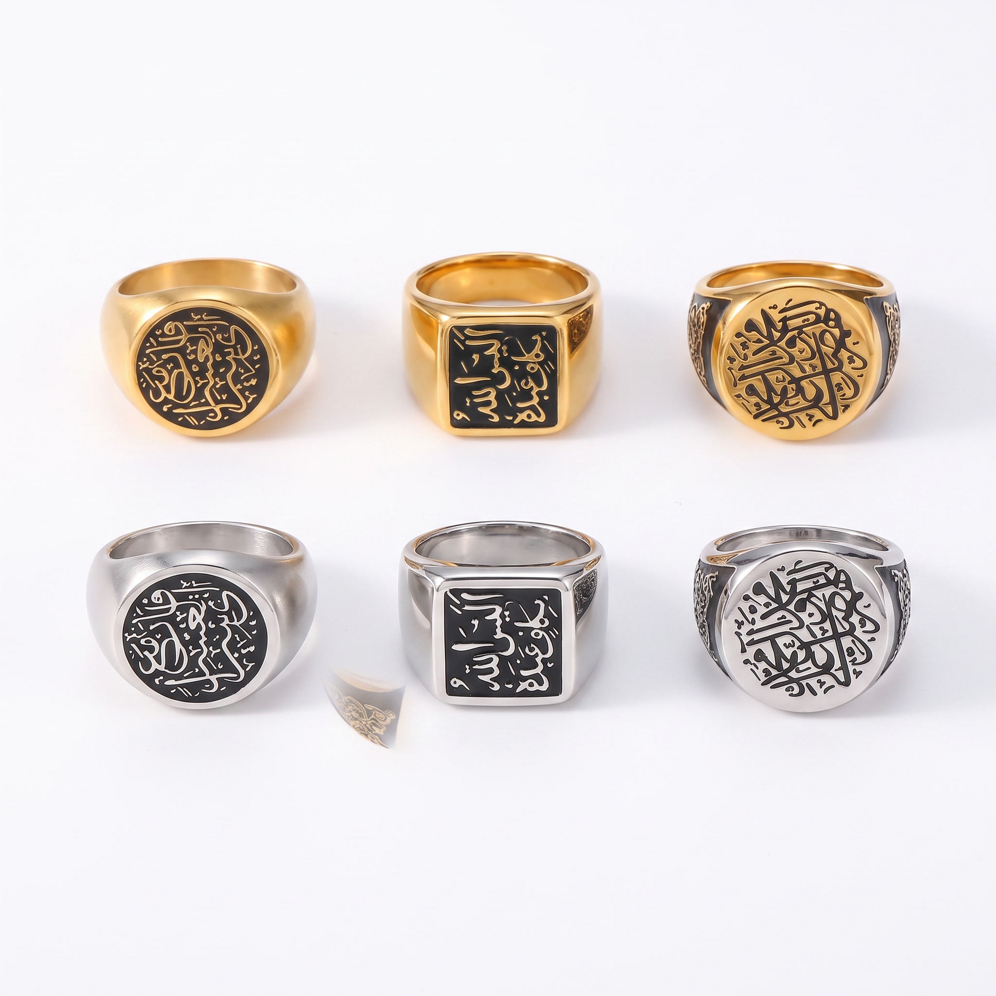 Signet ring shown in six face shapes and finishes