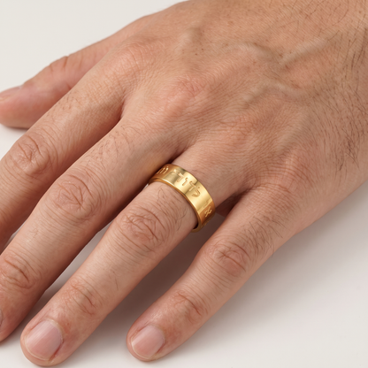 Hebrew engraved band ring worn, front view