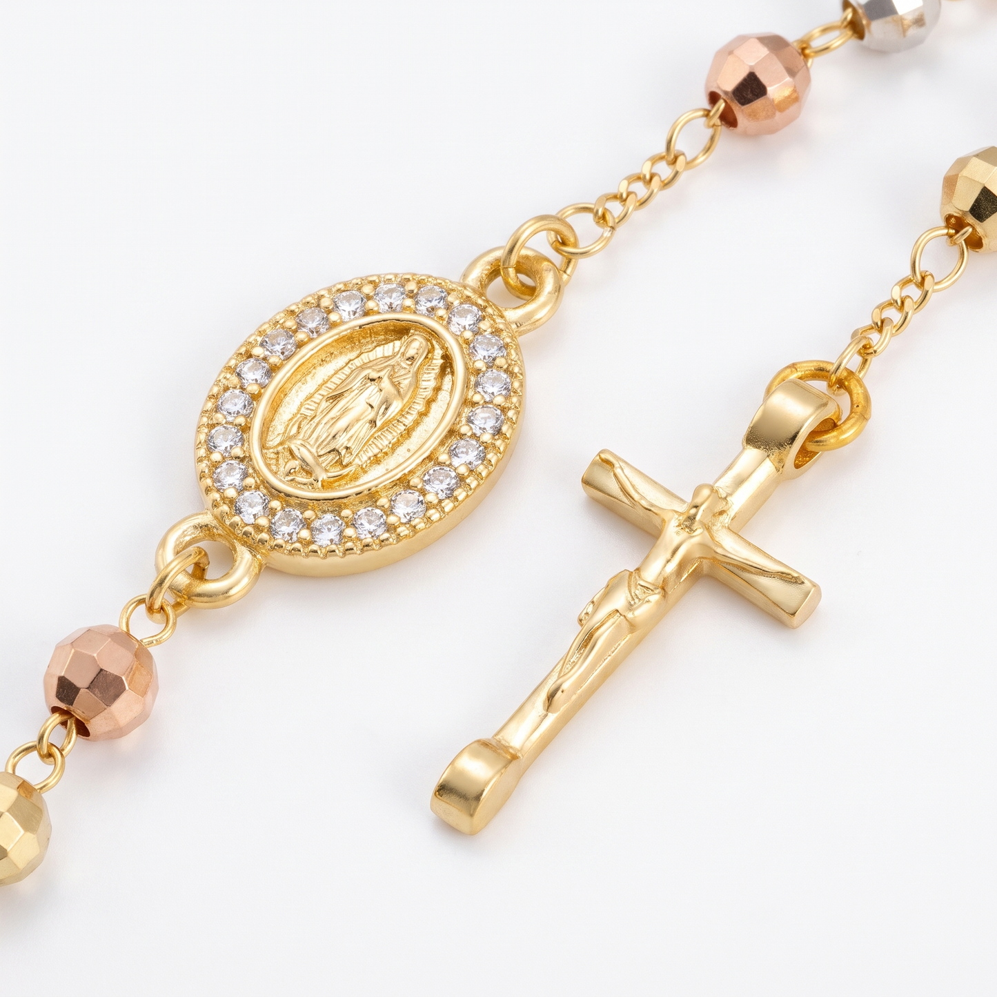 Close-up of medal and crucifix