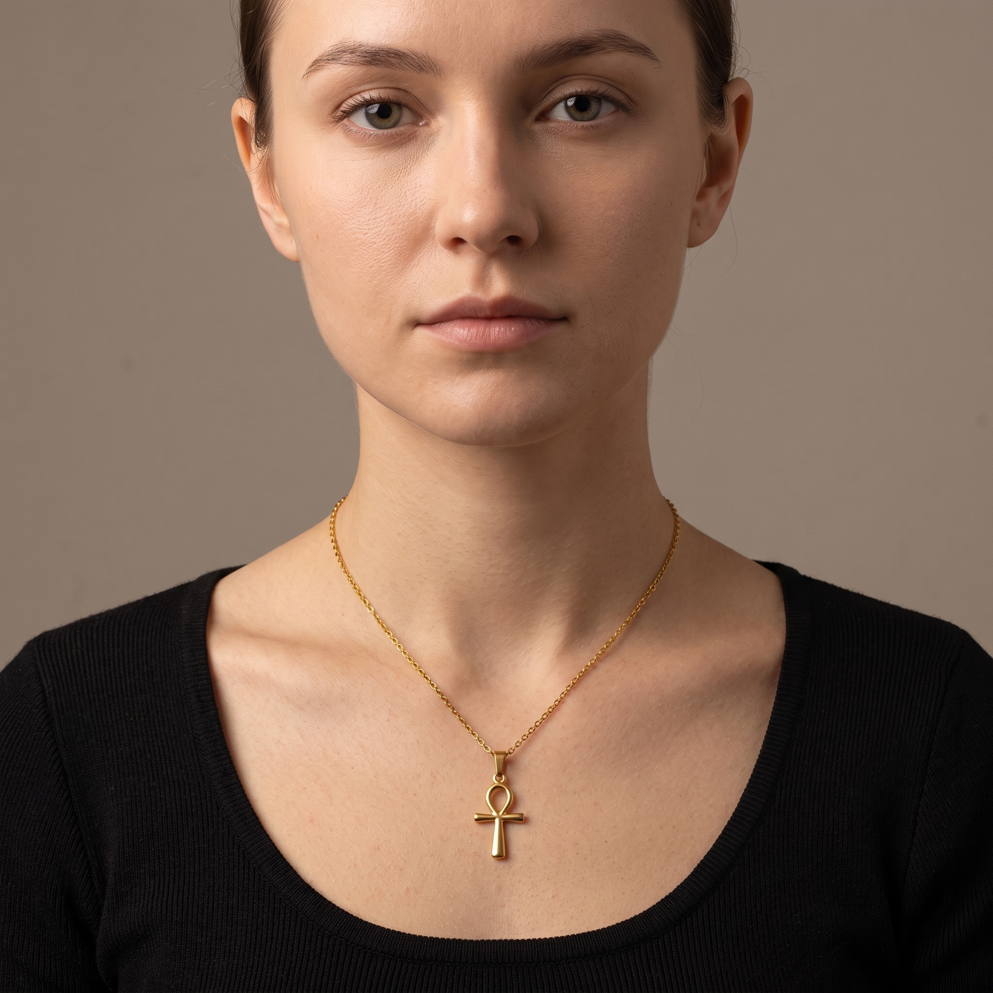 Egyptian ankh necklace worn, front view