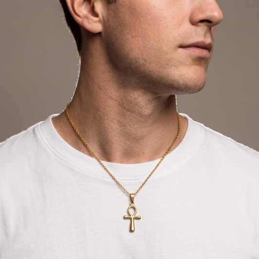 Egyptian ankh necklace worn, second angle