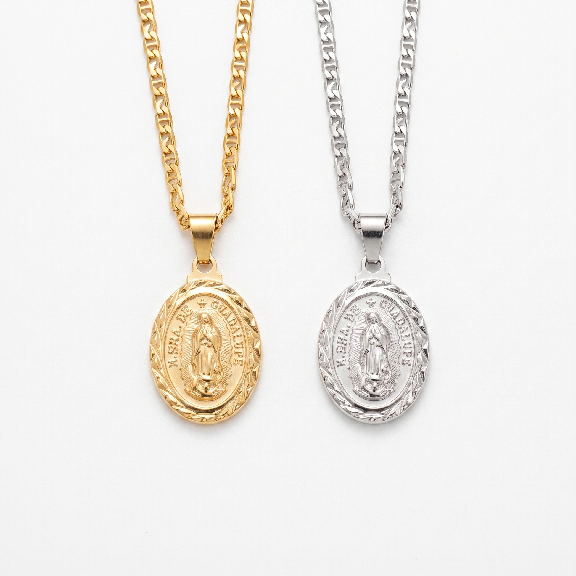 Virgin Mary pendant shown in gold and silver