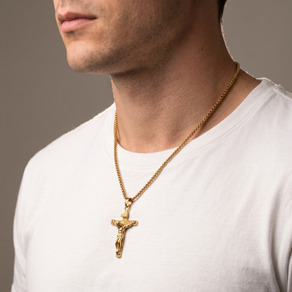 Crucifix pendant necklace worn, second angle