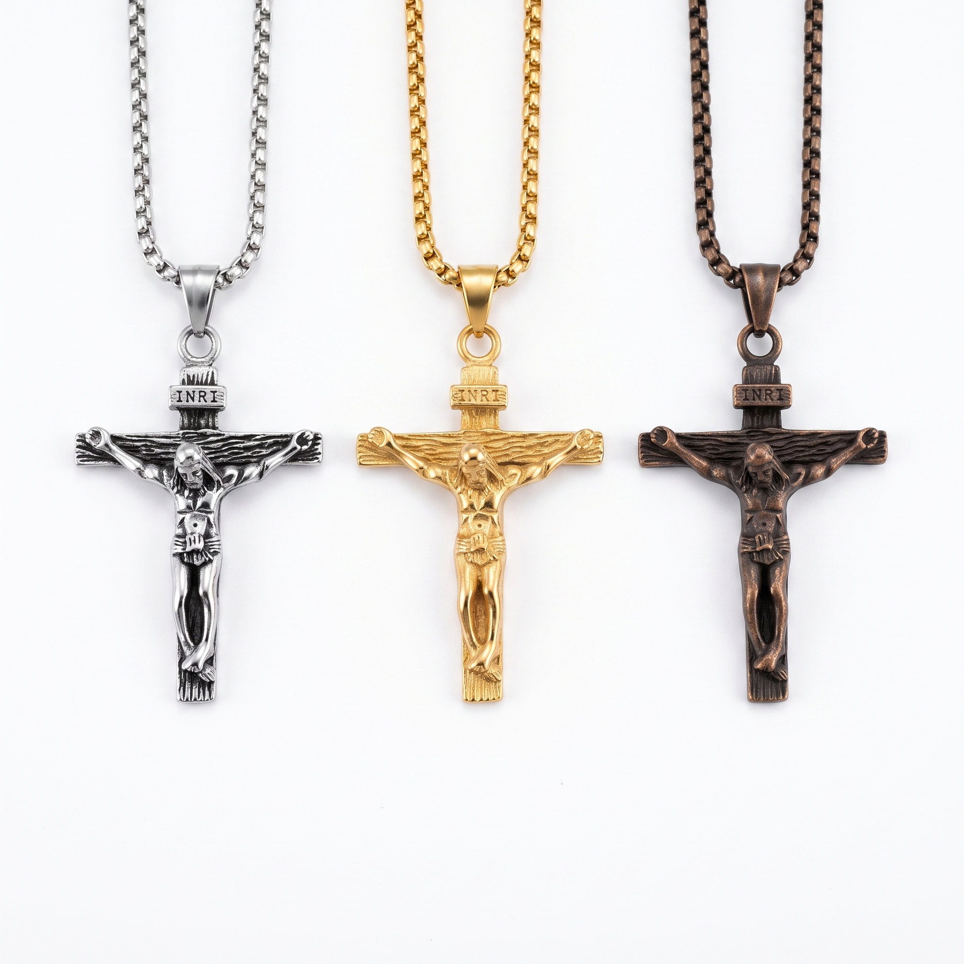 Crucifix necklace shown in silver, gold, brown