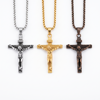Crucifix necklace shown in silver, gold, brown