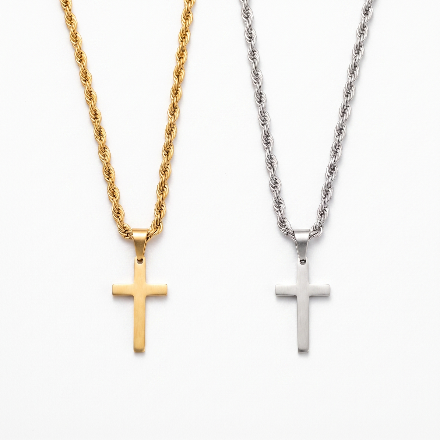 Minimalist cross necklace shown in gold and silver