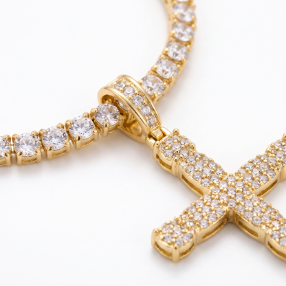 Close-up of pavé cross and tennis links
