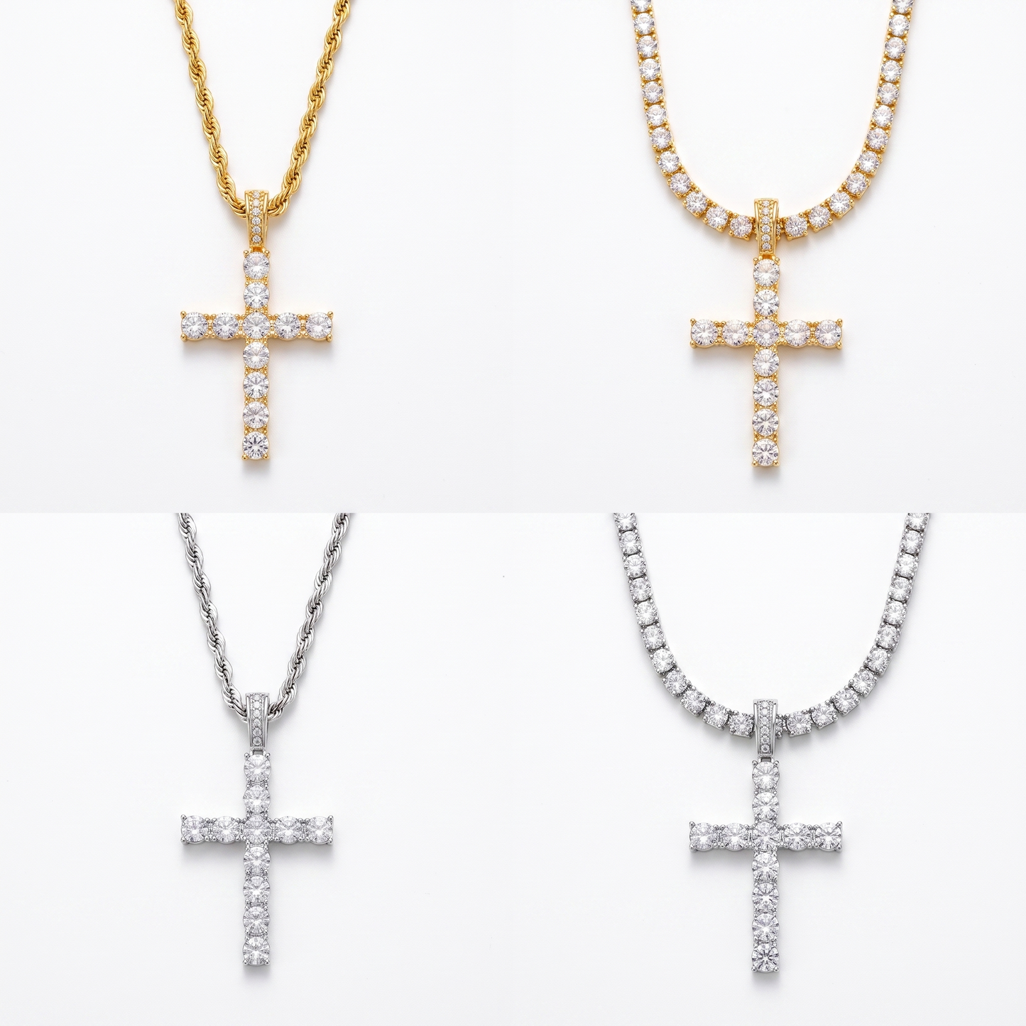 Iced cross tennis chain shown in silver and gold