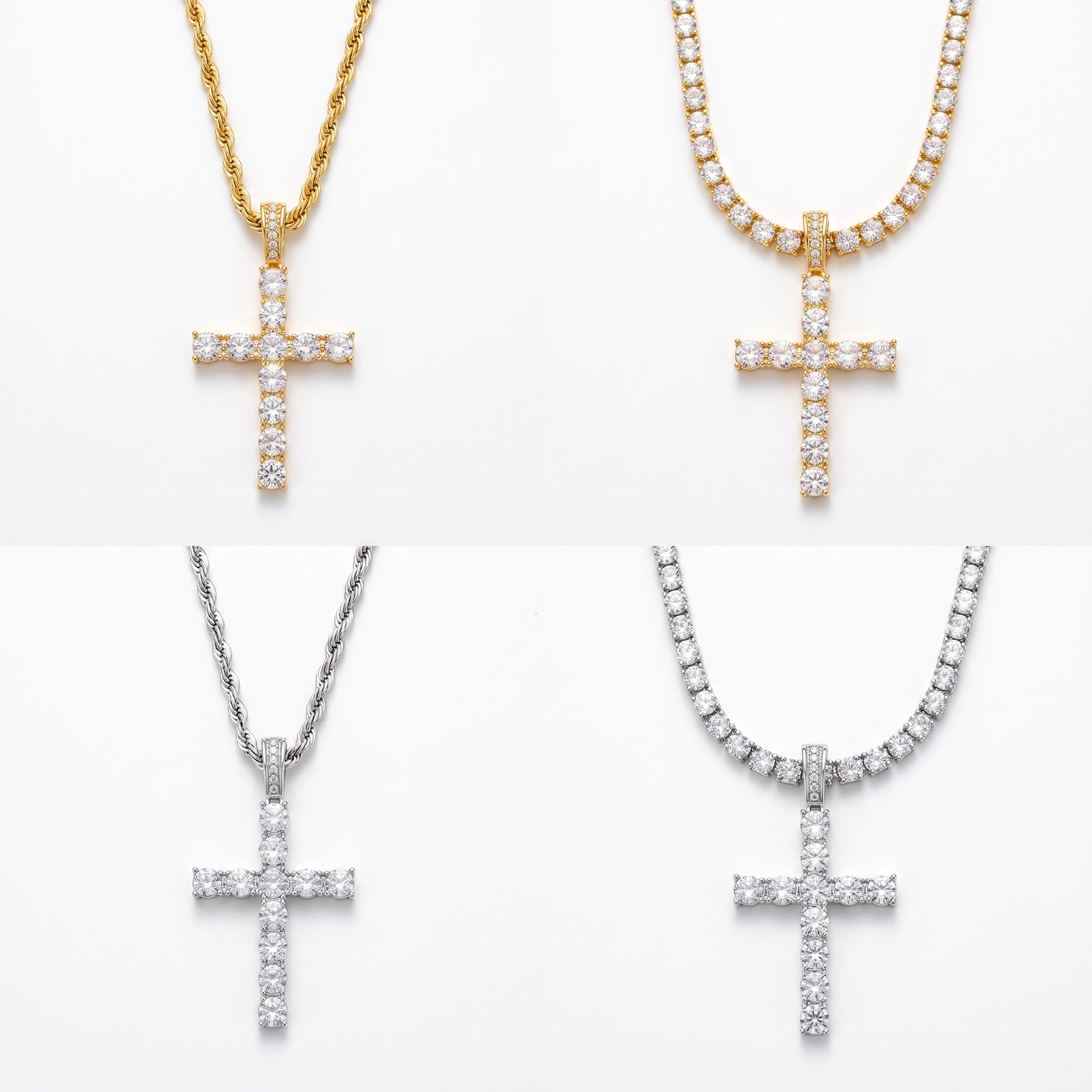 Iced cross tennis chain shown in silver and gold