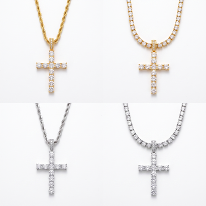 Iced cross tennis chain shown in silver and gold