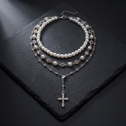 Three-piece pearl rhinestone cross set product shot