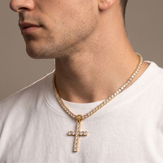 Iced out cross on tennis chain worn, second angle