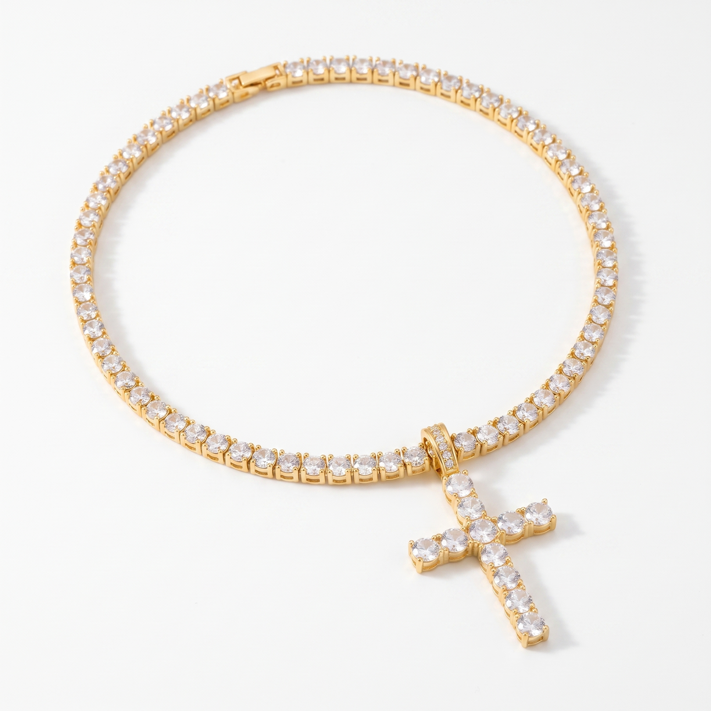Iced out cross tennis chain product shot