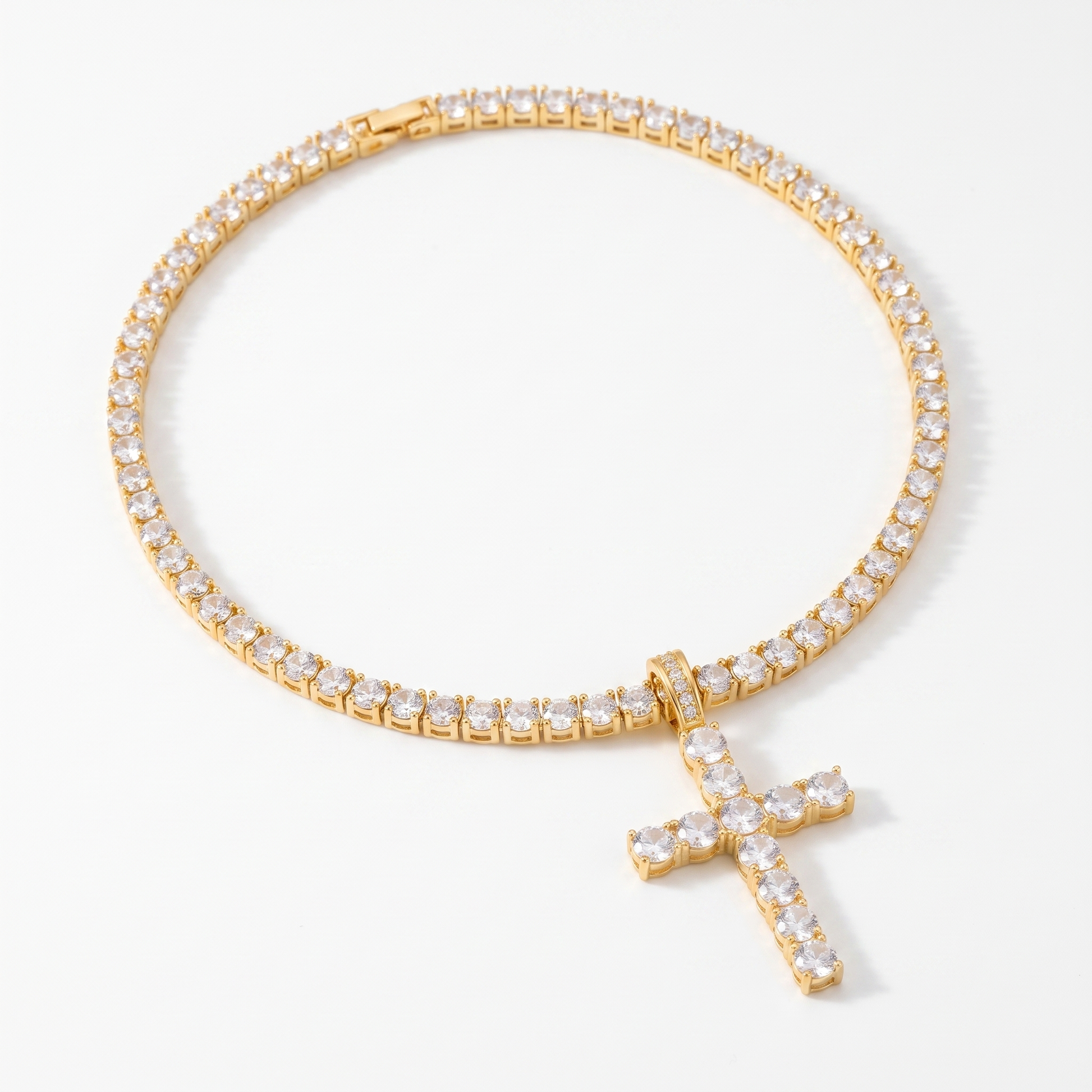 Iced out cross tennis chain product shot