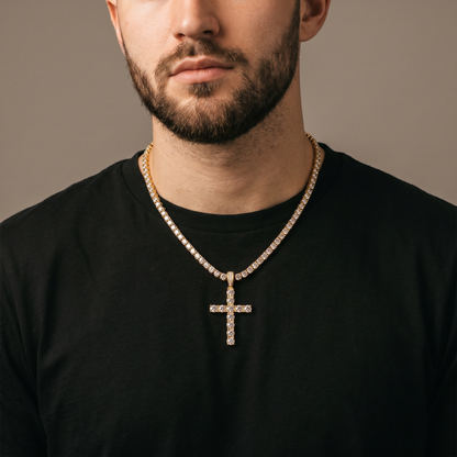 Iced out cross on tennis chain worn, front view