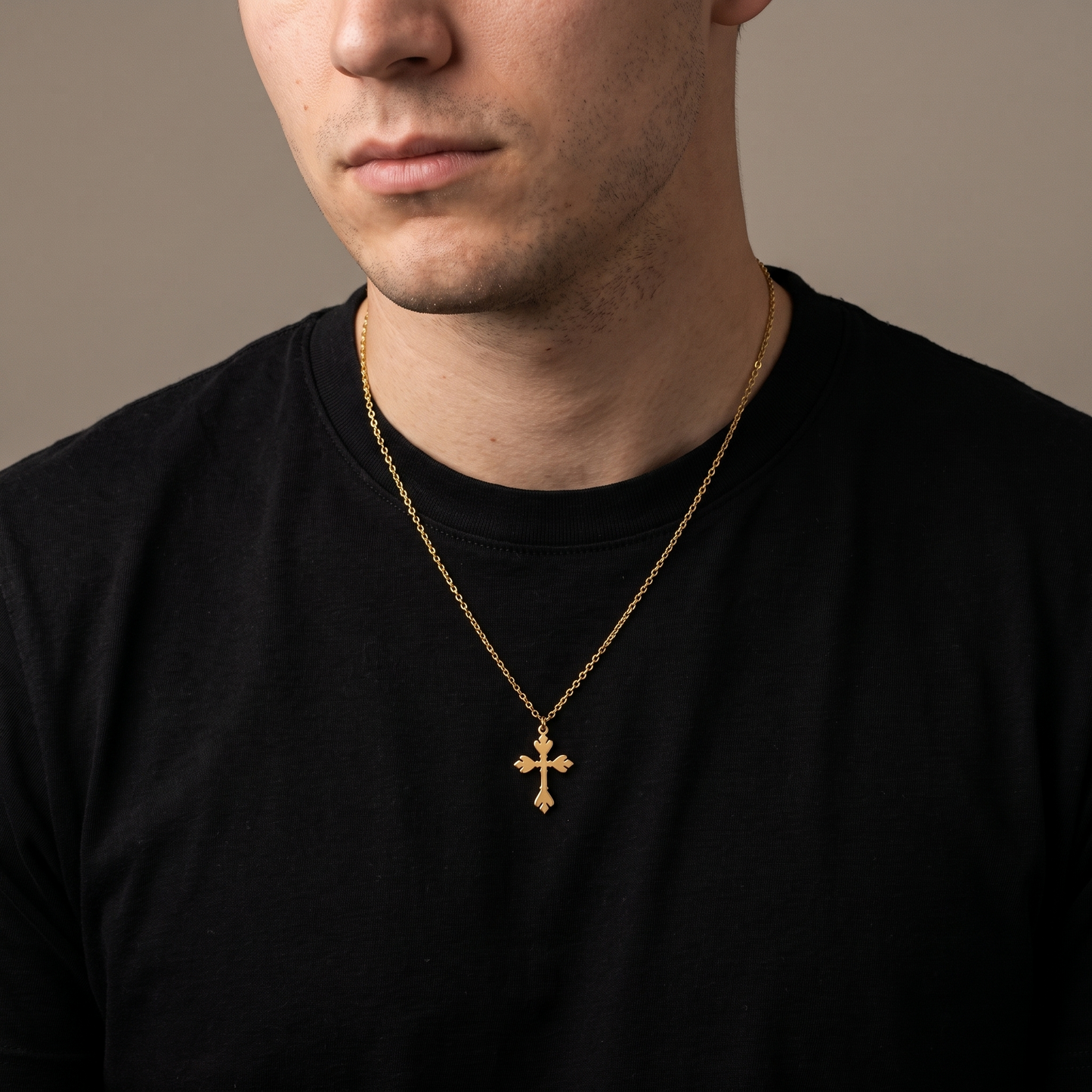 O-link cross pendant worn, front view
