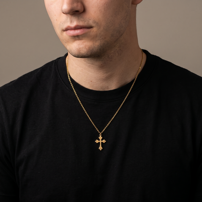O-link cross pendant worn, front view