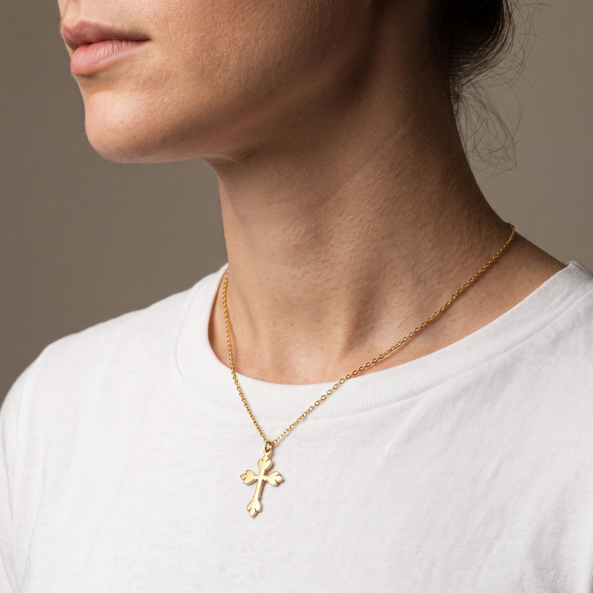 O-link cross pendant worn, second angle