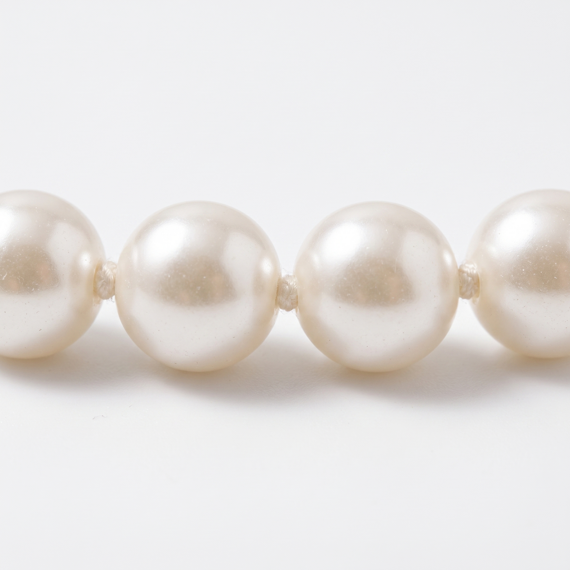 Close-up of pearls on cotton thread