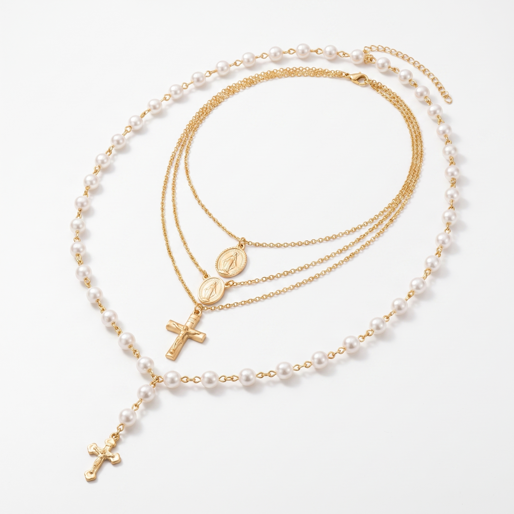 Layered pearl cross necklace product shot
