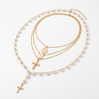 Layered pearl cross necklace product shot