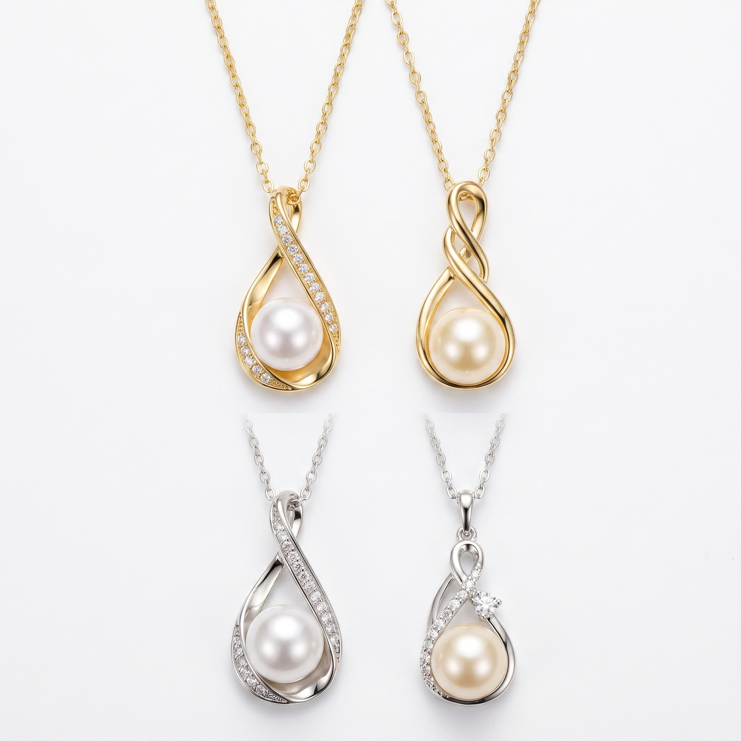 Pearl infinity necklace shown in silver and gold