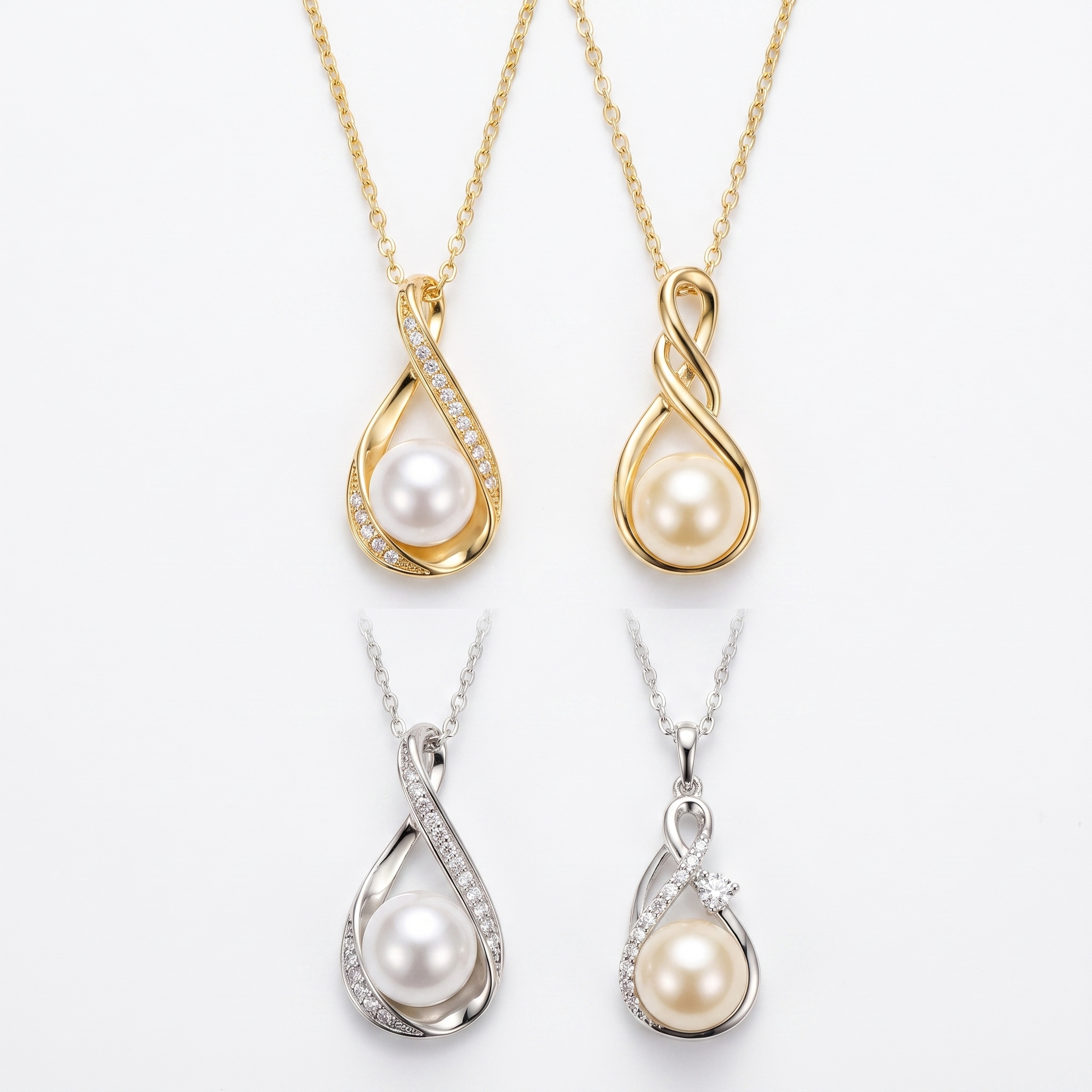 Pearl infinity necklace shown in silver and gold